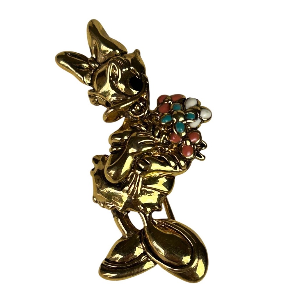 Napier Disney Daisy Duck Brooch Gold Tone Enamel Flower Bouquet Vintage Pin